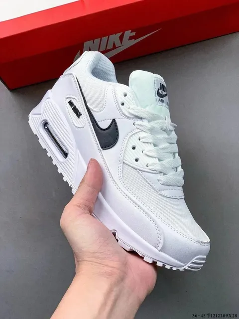 Nike White Leather Black Swoosh Air Max 90 Sneakers
