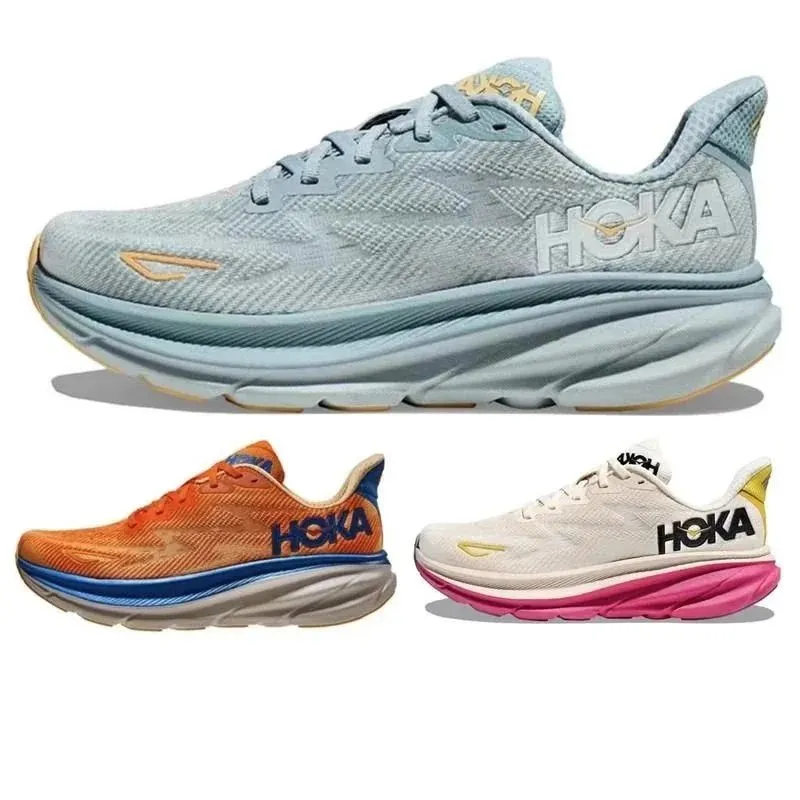 HOKA athletic sneakers with a chunky cushioned sole and mesh upper in multiple colorways.