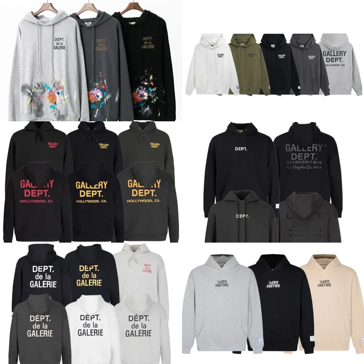 Gallery Dept. graphic pullover hoodie shown in multiple colorways with front and back prints.
