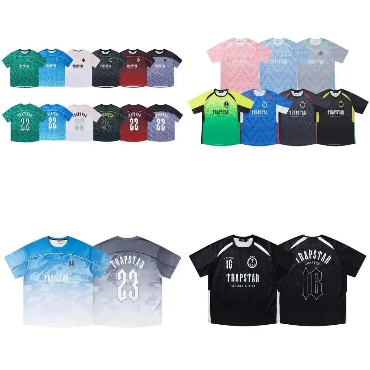 Trapstar graphic T-shirt collage showing front and back streetwear designs in multiple colors.