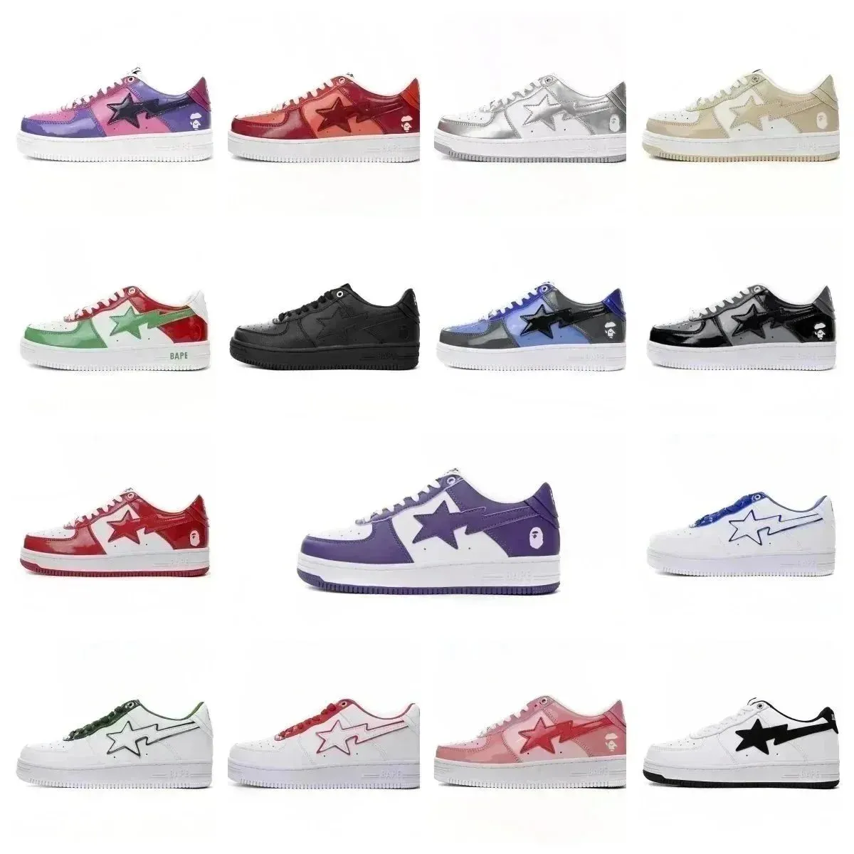 Studio collage of BAPE low-top sneakers with star graphics and ape head logos.