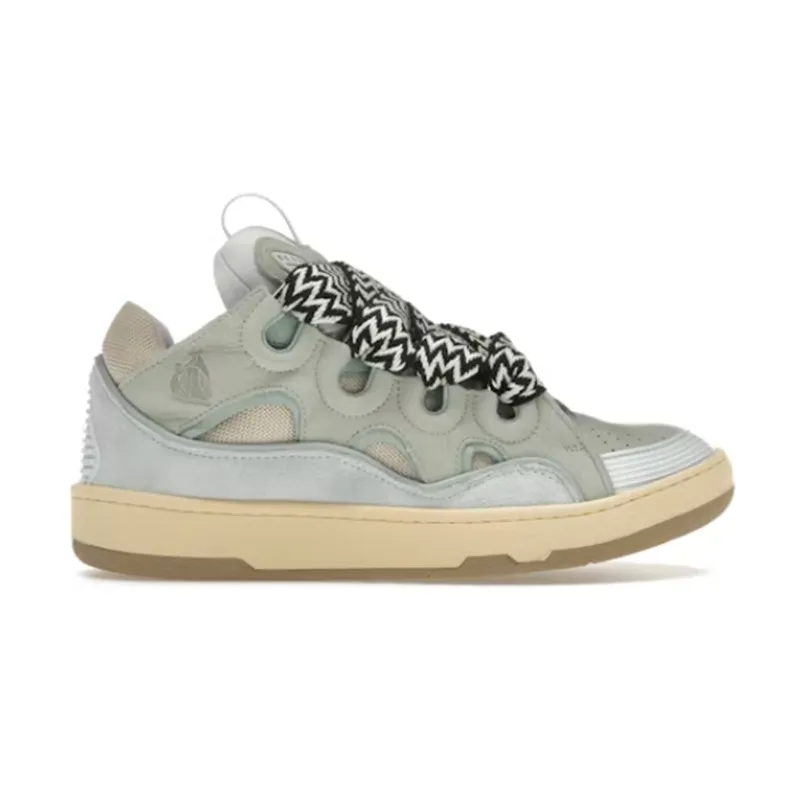 Lanvin sneakers in a chunky light gray and off-white low-top design with mesh panels and zigzag laces.