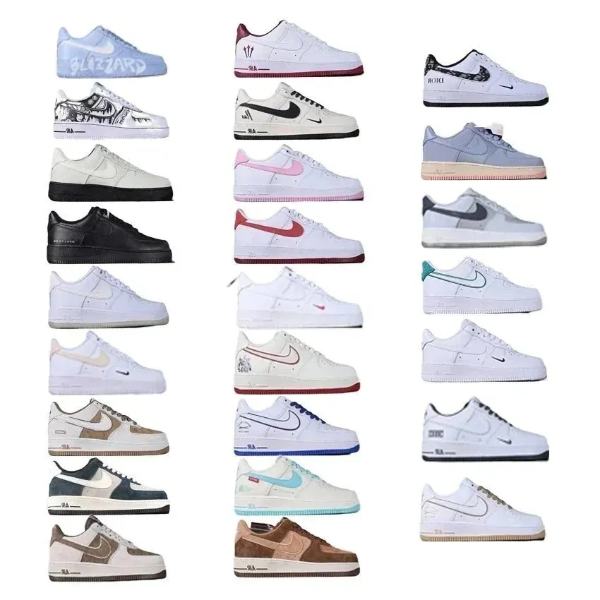 Nike sneakers niski profil z białą cholewką, perforowanym noskiem i wieloma kolorami na kolażu.