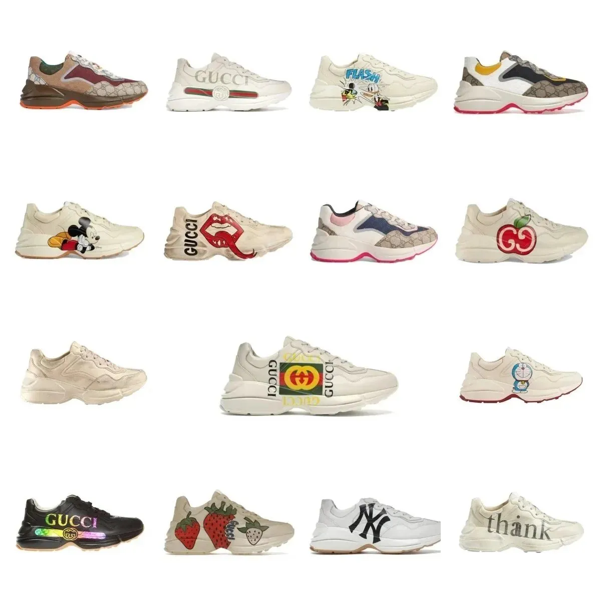 Gucci sneakers z grubą podeszwą, logo i wielokolorowymi detalami na białym tle