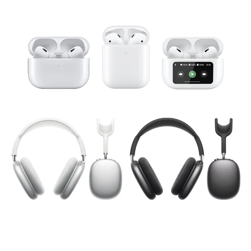 Apple wireless earbuds in a glossy charging case, shown with over-ear headphones and protective covers.