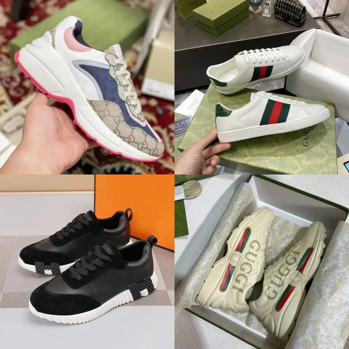 Gucci low-top sneakers in white, beige, and black with logo details and web stripe.