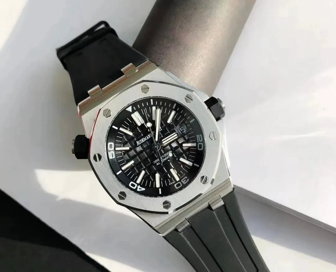 Audemars Piguet watch with black dial, octagonal bezel, and black strap on a white background.