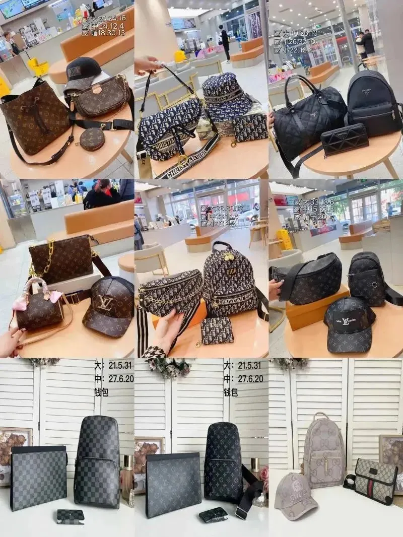 Louis Vuitton monogram accessories set with bucket bag, shoulder bag, coin purse, and cap.
