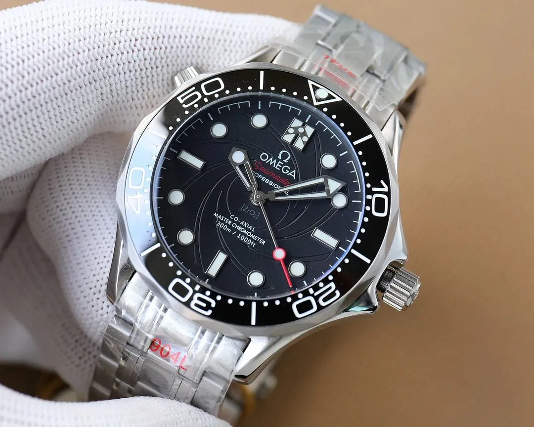 Omega Seamaster Professional watch with a black spiral dial and metal bracelet.
