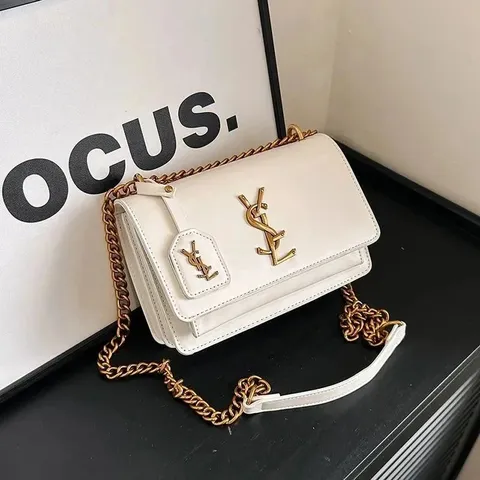 Saint Laurent White Crossbody Bag with Gold Chain Strap and YSL Logo