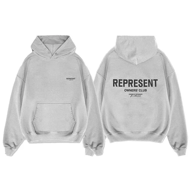 Represent hoodie-style crewneck sweatshirt in light gray with front pocket and large back graphic.