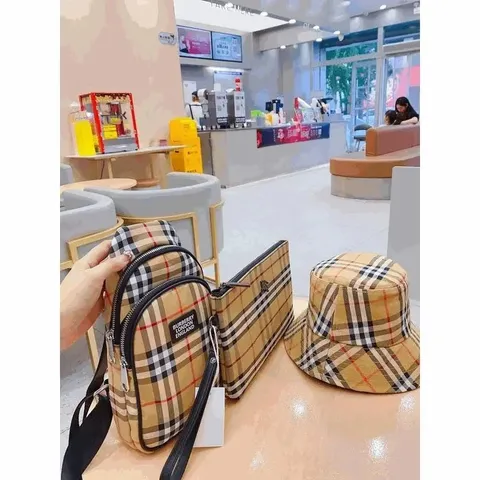 Burberry Check Pattern Crossbody Bag, Pouch, and Bucket Hat Set
