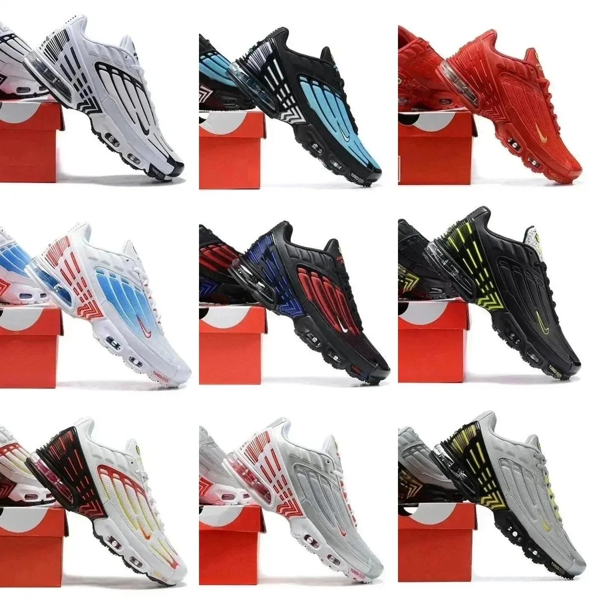 Nike sneakers z niską sylwetką, widoczną amortyzacją i kolorowymi wariantami na białym tle.