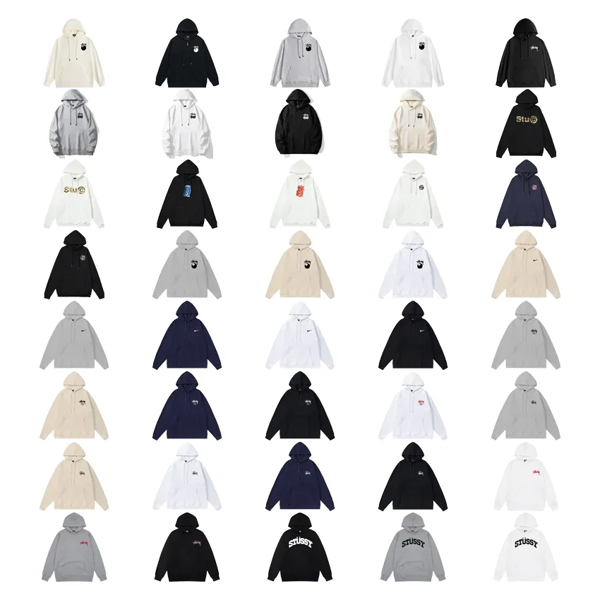Stüssy hoodie in multiple colorways with chest and back graphics, shown in a studio grid.