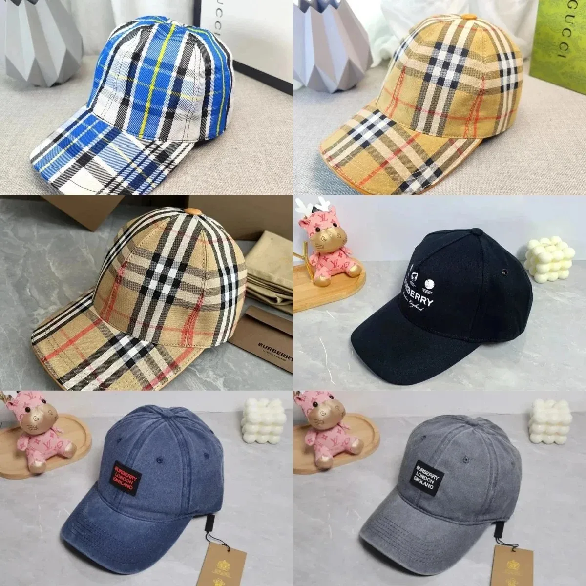 Burberry baseball caps with check brims, stitched panels, and logo details.