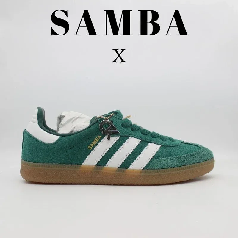 Adidas sneakers in green suede-like finish with white stripes and a gum sole.