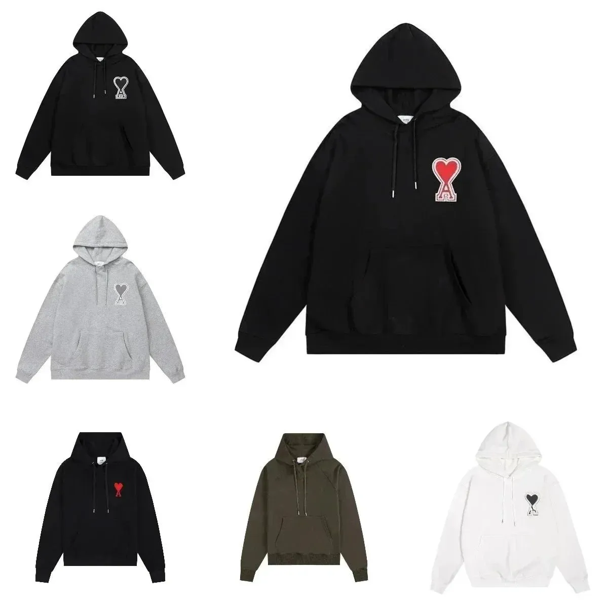 Ami clothing hoodie with a small chest heart emblem and several colorways shown.