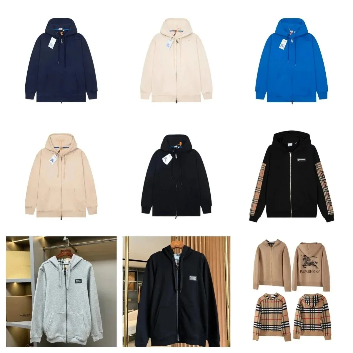 Burberry crewneck sweatshirt i zip hoodie w kilku kolorach na zdjęciu katalogowym.