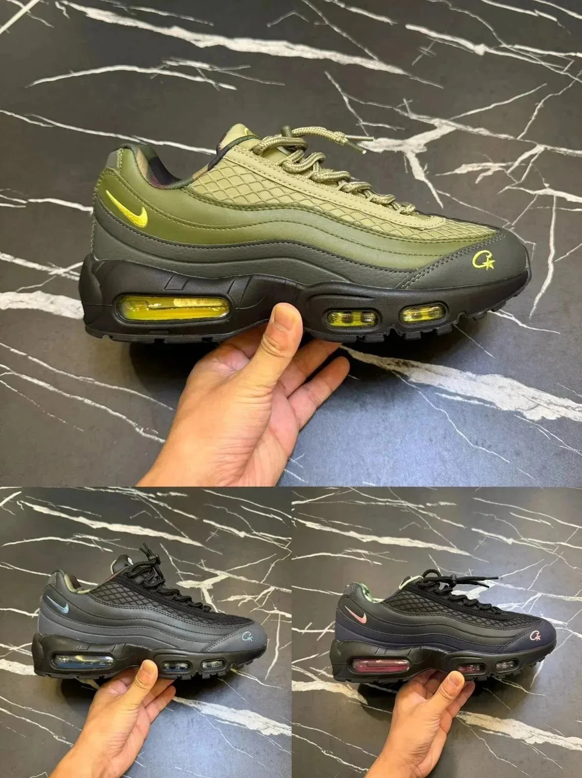 Nike sneakers w oliwkowo-czarnym kolorze z neonowymi akcentami i widocznymi okienkami air.