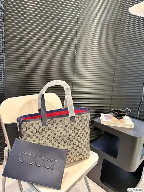 Gucci GG Monogram Canvas Navy Leather Handle Tote Bag