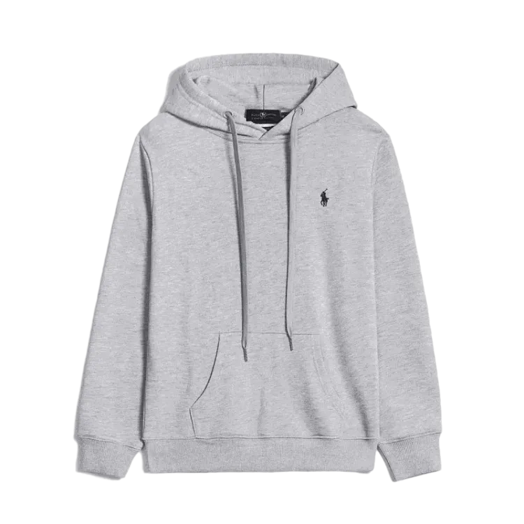 Grey Ralph Lauren pullover hoodie with embroidered chest logo and kangaroo pocket.