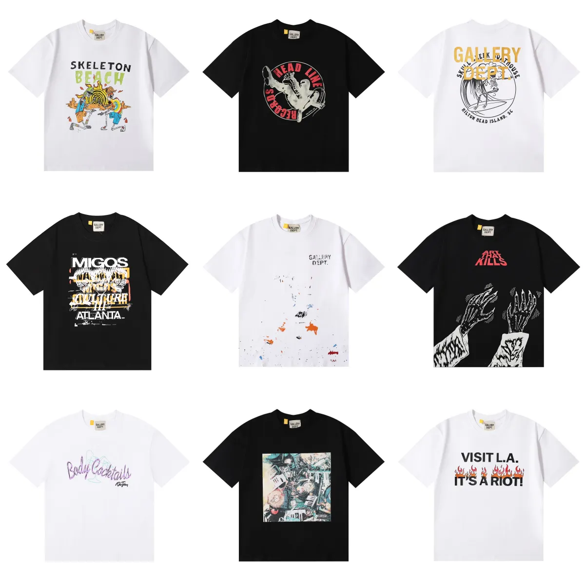 Gallery Dept. graphic print short sleeve T-shirts laid flat in multiple colors.