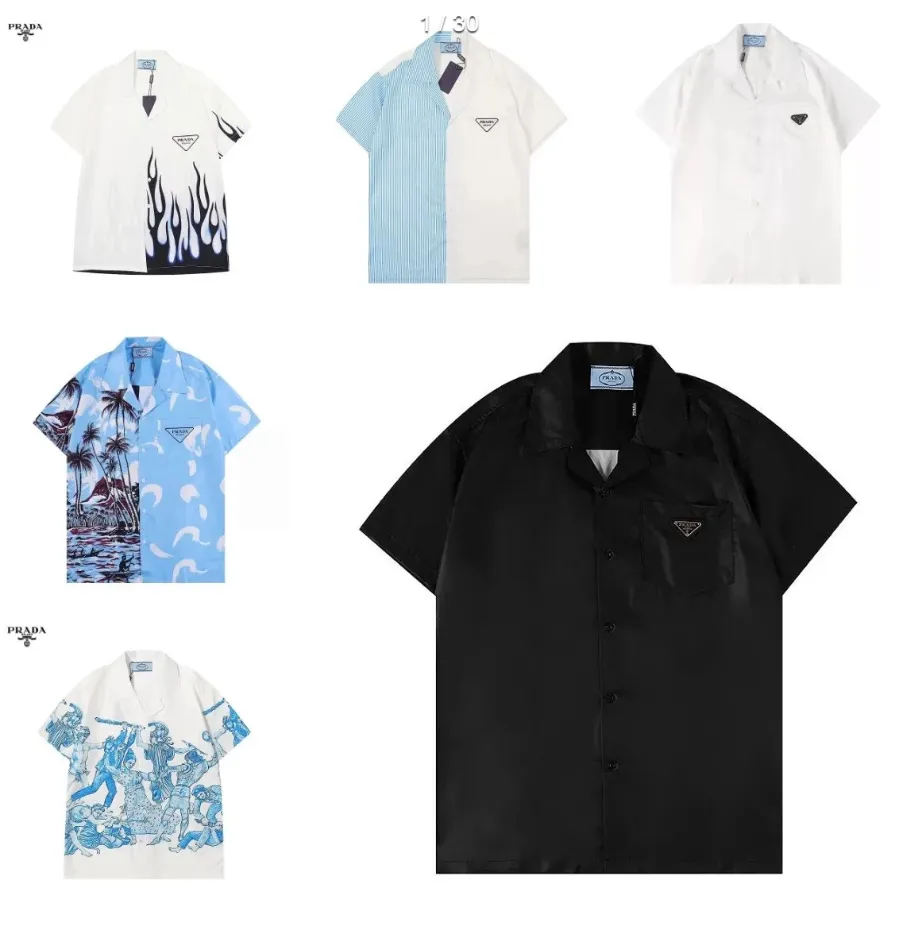 Prada short-sleeve button-up shirts with chest pocket logo in black, white, blue, and printed versions.