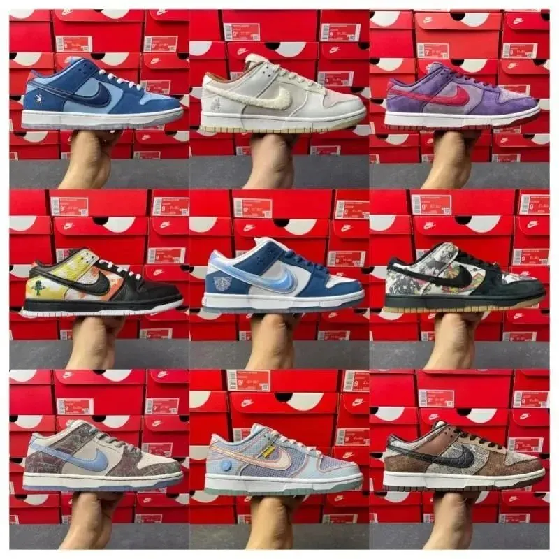 Nike low-top sneakers with swoosh logos in multiple colorways