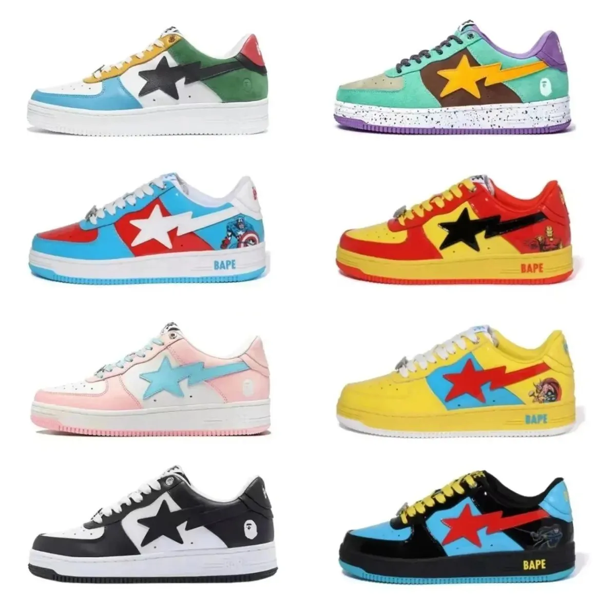 BAPE low-top sneakers with a star and lightning side graphic on a white background.