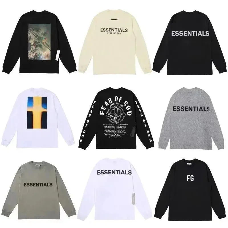 Essentials long-sleeve shirt with bold logo prints in black, beige, gray, white, and olive.