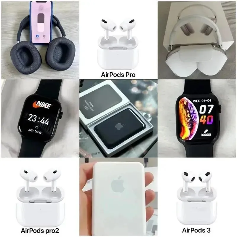 Kolorowy kolaż akcesoriów technicznych Nike z zegarkiem, słuchawkami i AirPods