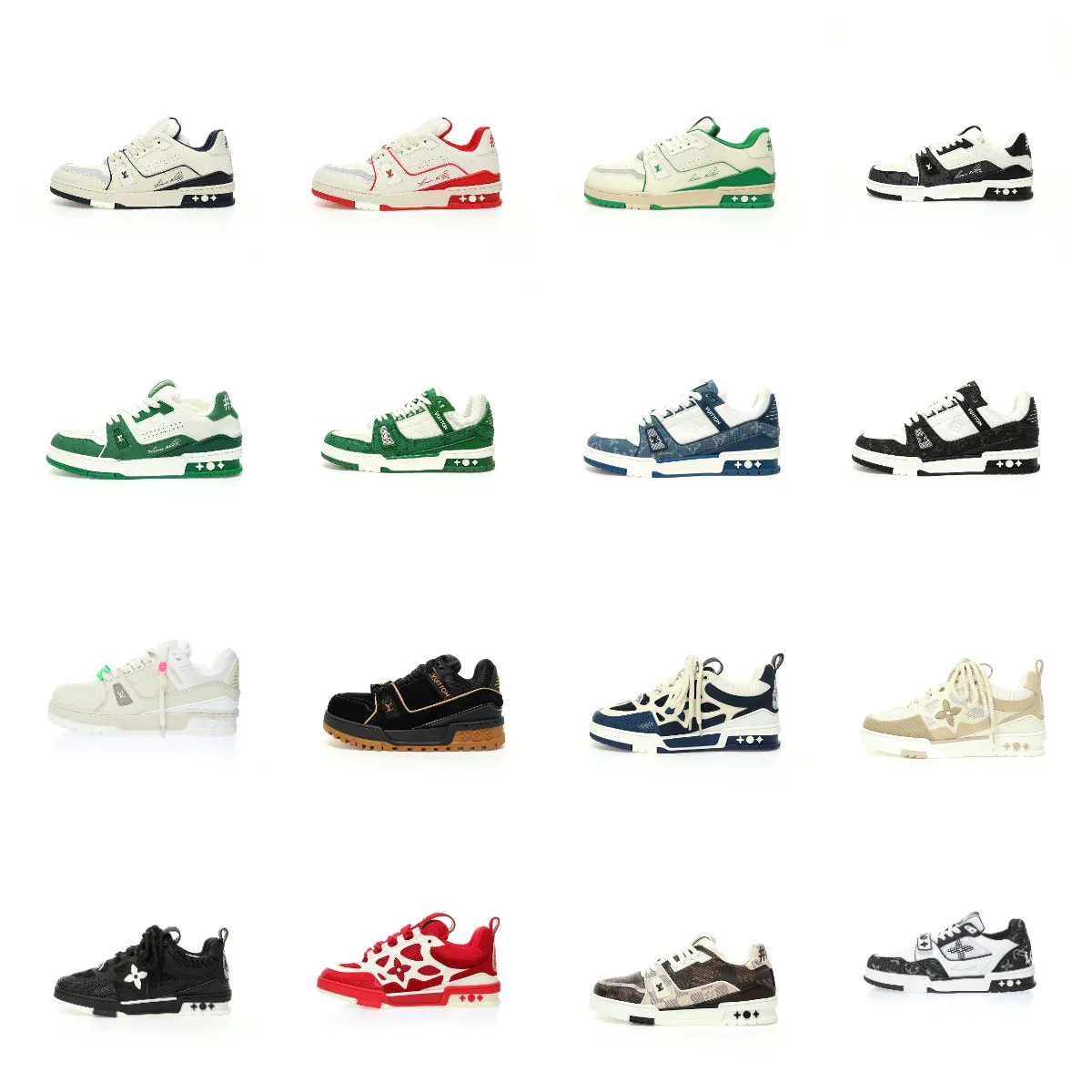 Louis Vuitton low-top sneakers with chunky sole, side motif, and lace-up design shown in multiple colorways.