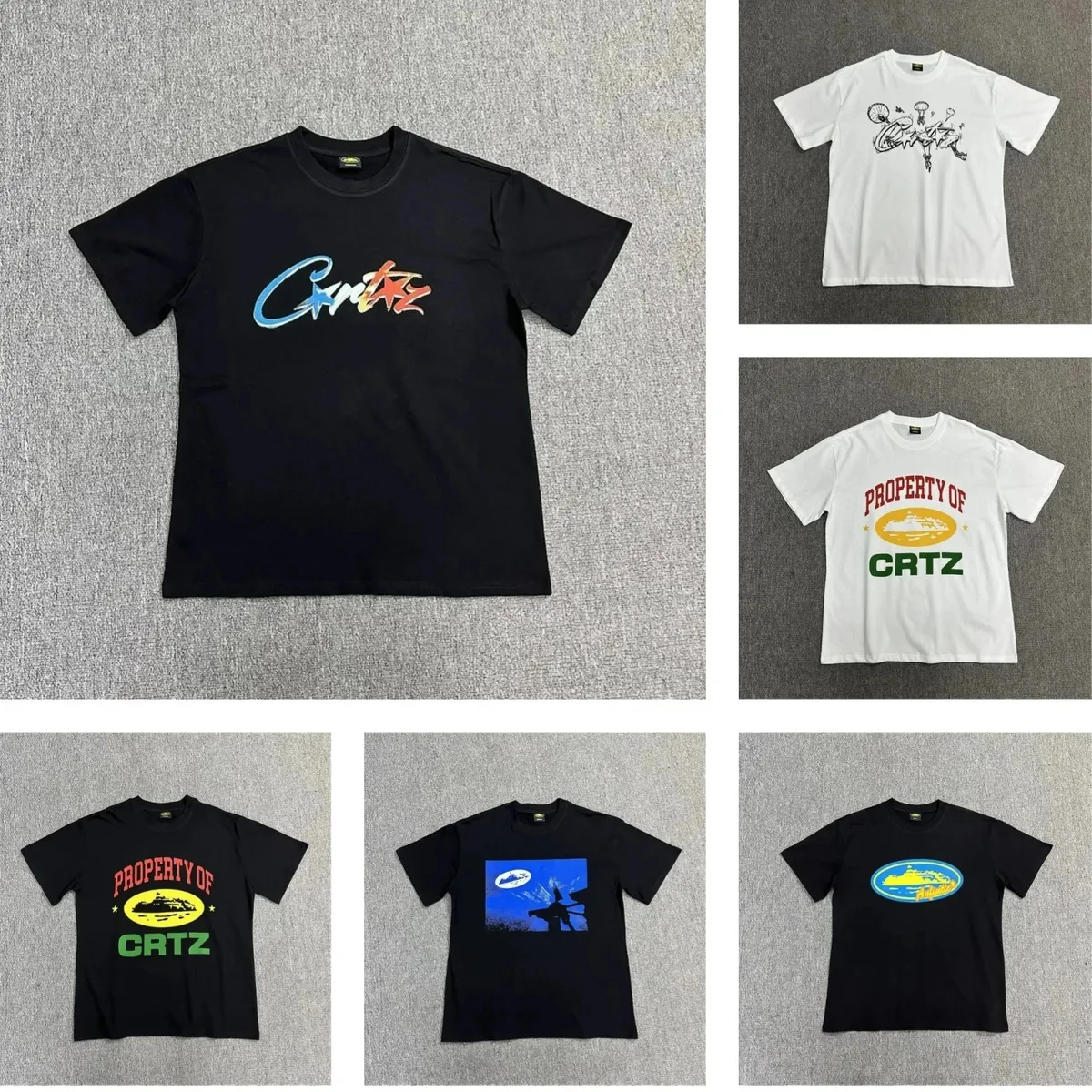 Corteiz graphic T-shirts laid out in multiple colors with CRTZ chest prints.