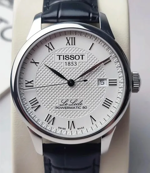 Tissot Le Locle Powermatic 80 Watch with White Roman Numeral Dial and Black Leather Strap