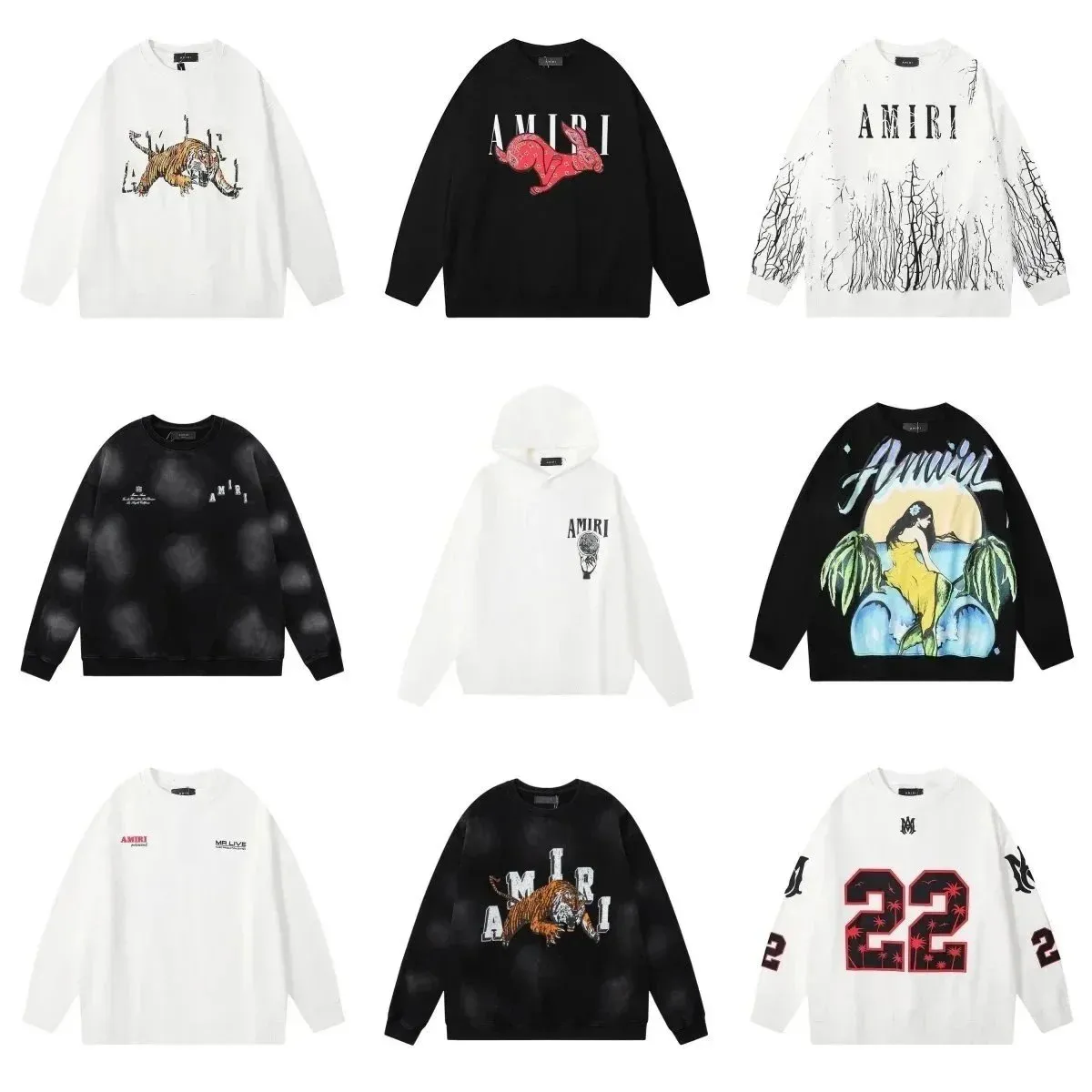 AMIRI graphic crewneck sweatshirt collage with bold prints and relaxed fit