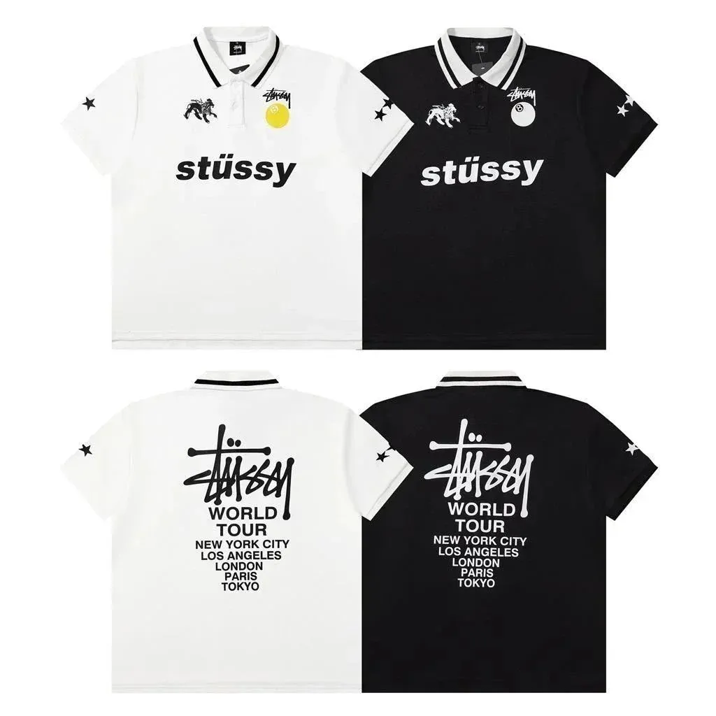 Stüssy polo shirt with striped collar, chest logo, and World Tour back graphic.