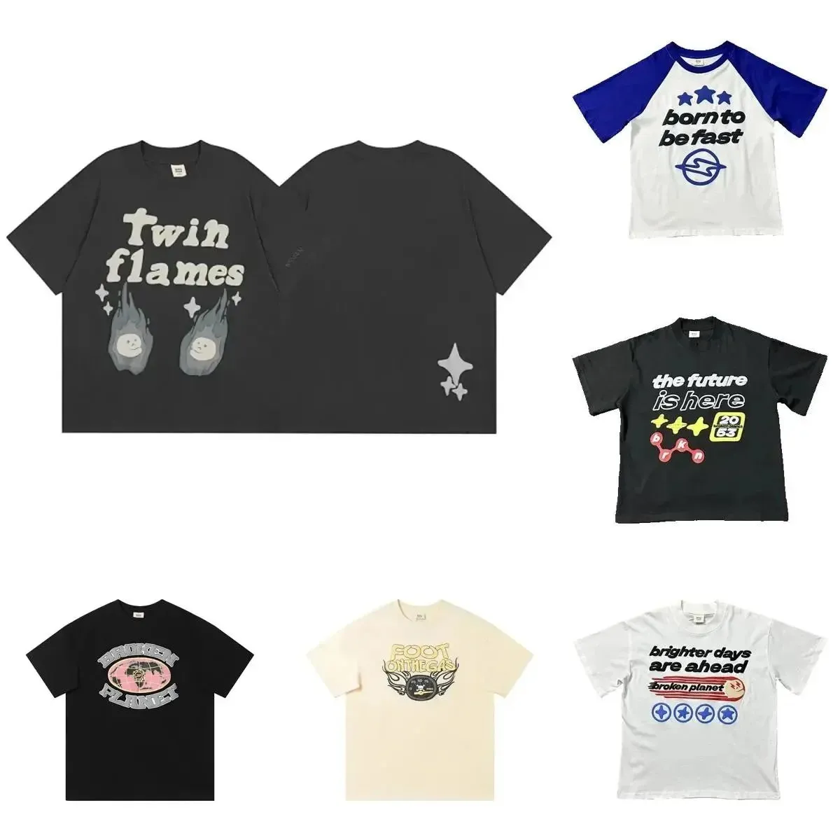 Broken Planet graphic T-shirt collage z kolorowymi nadrukami i krótkim rękawem