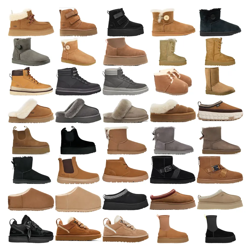 Collage of UGG boots and slippers z shearling trim and platform soles.