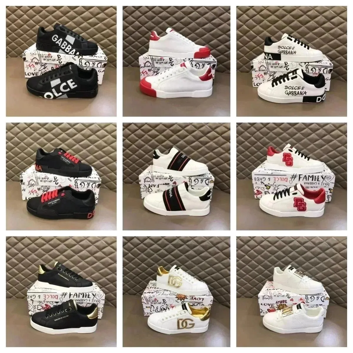 Dolce & Gabbana sneakers in multiple graffiti print colorways arranged on branded boxes.