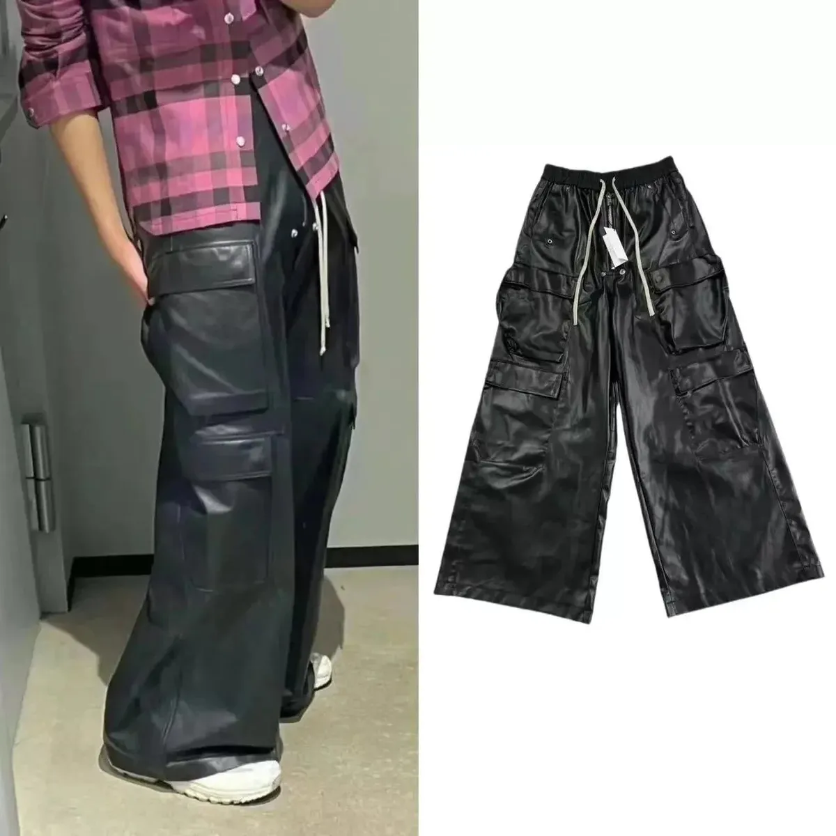 Rick Owens czarne szerokie cargo pants z połyskiem i kieszeniami na udach.