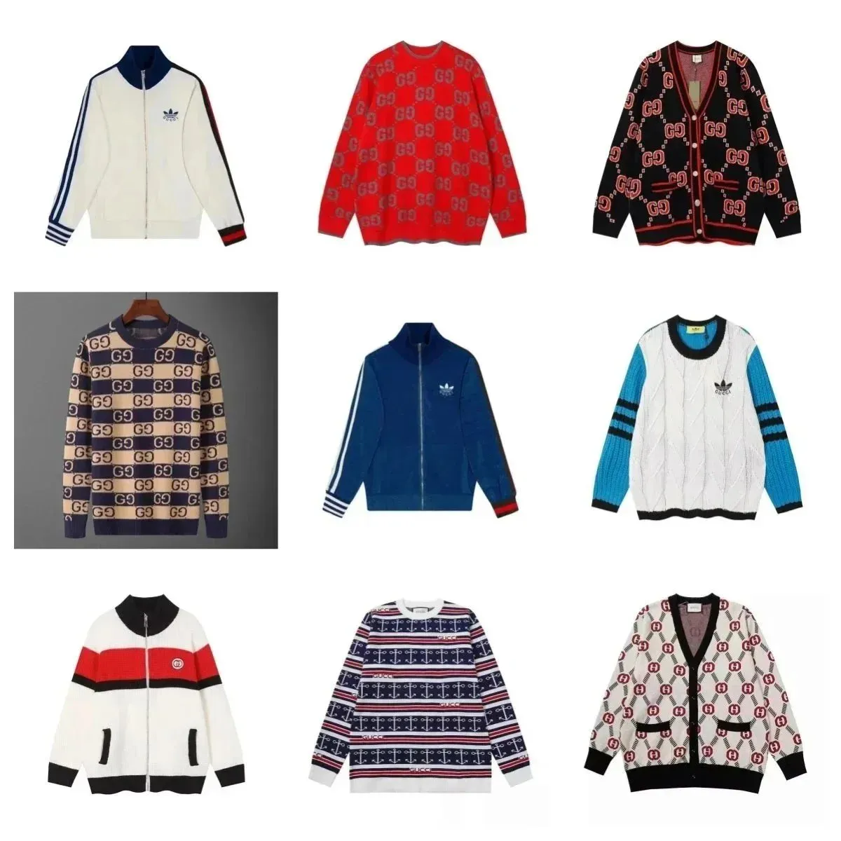 Gucci knit sweaters and cardigans with GG monogram, stripes, and zip-front details.
