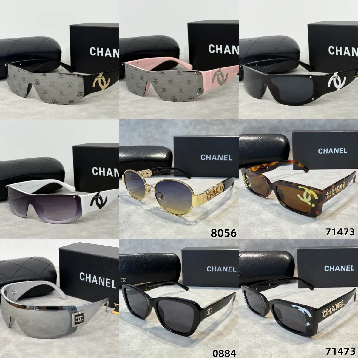 Chanel sunglasses collage with CC logos, glossy frames, and tinted lenses.