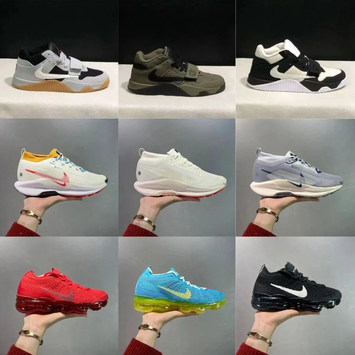 Nike chunky low-top athletic sneakers with mesh uppers and Air Zoom text in multiple colorways.