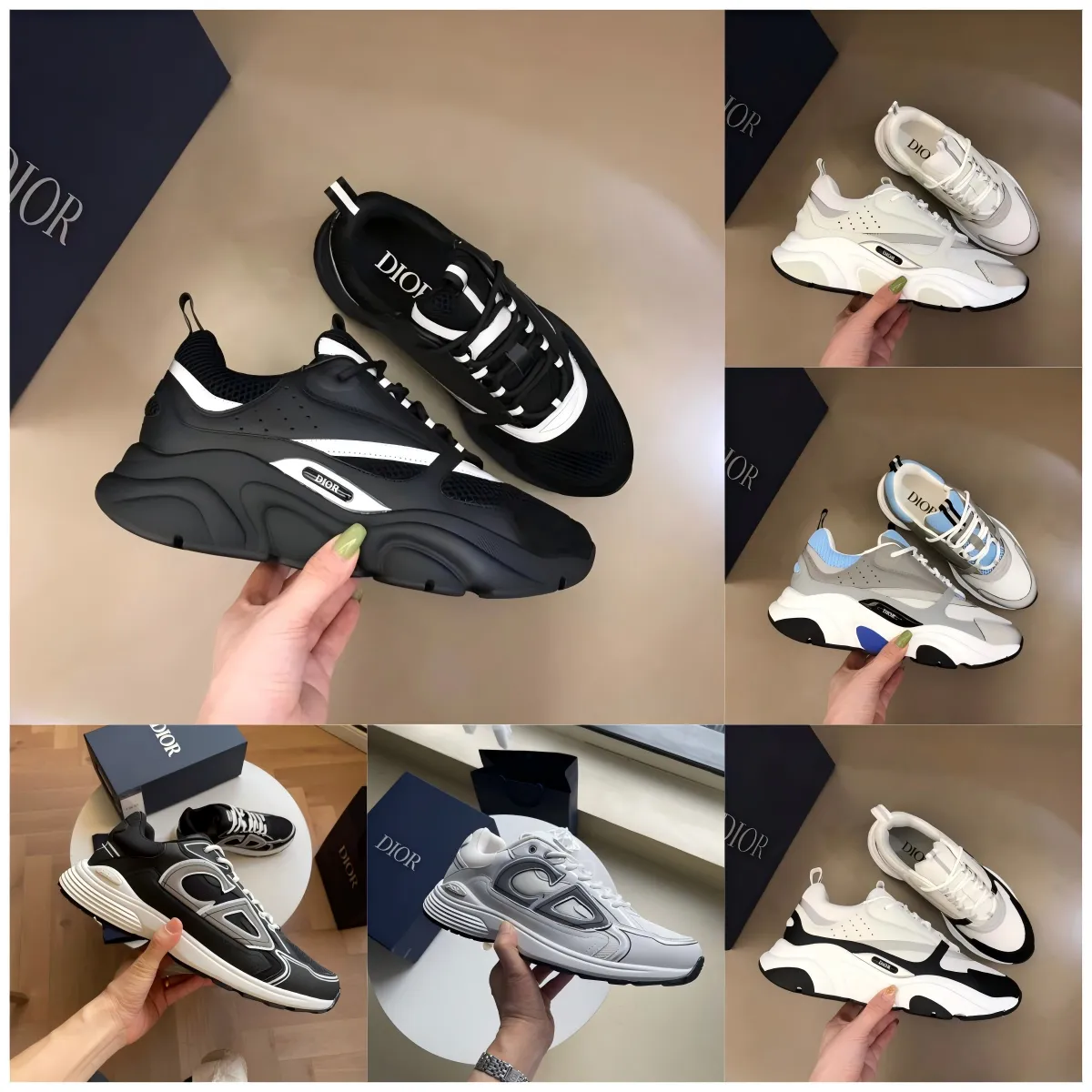 Dior chunky low-top sneakers in black, white, and blue colorways with mesh and thick soles.