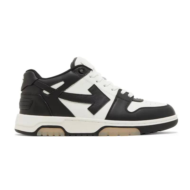 Off-White black and white low-top sneakers with a chunky sole and side arrow logo.