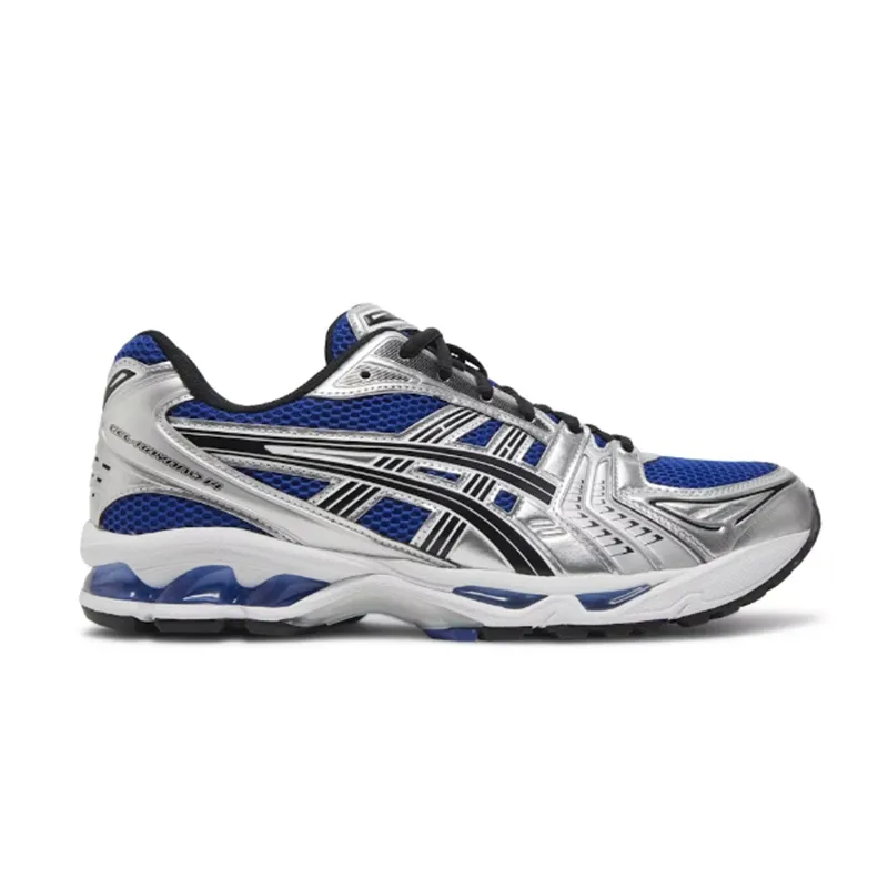 ASICS running shoe in blue, silver, black, and white with mesh and stripe details.