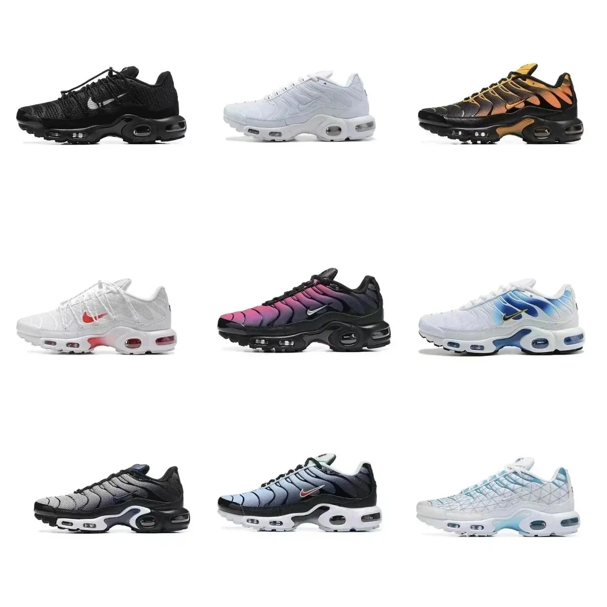 Nike sneakers collage showing low-top cushioned shoes in multiple colors on a white background.
