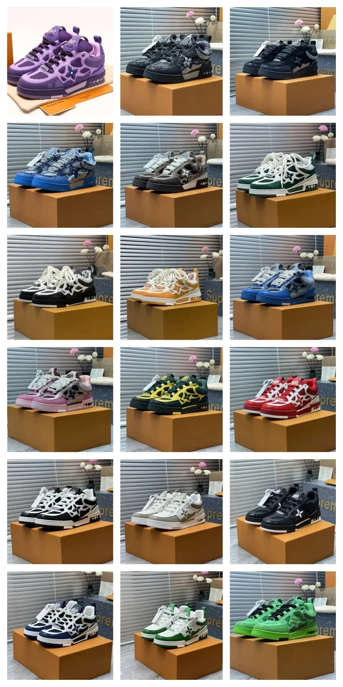 Louis Vuitton low-top lace-up sneakers with star cutout and chunky sole shown in multiple colorways.