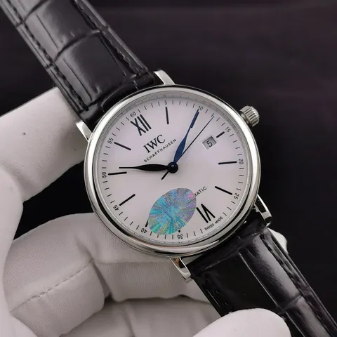 IWC Automatic Watch with White Dial and Black Leather Strap Variant A