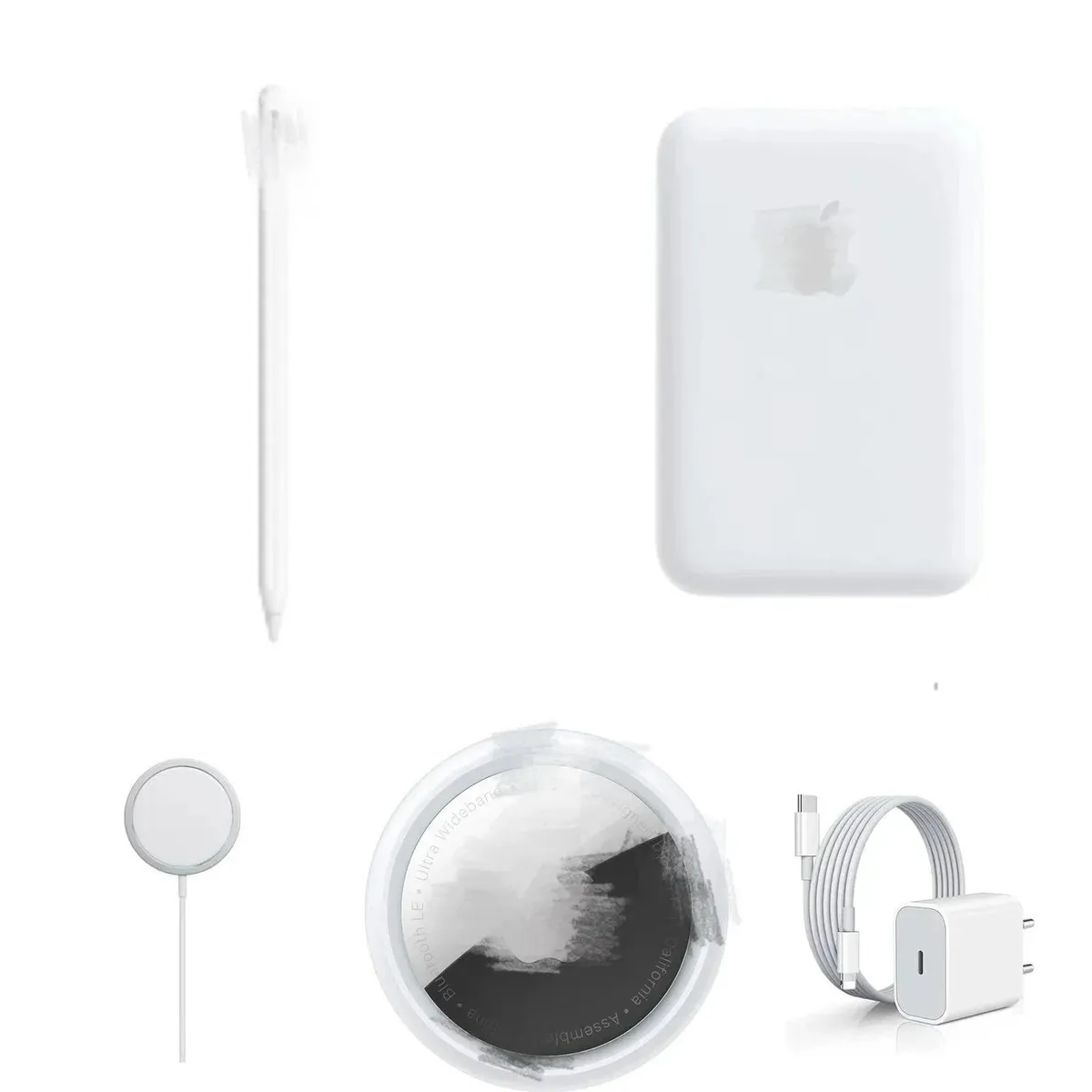 Apple tech accessories set with a white charging pad, cable, and compact case on a white background.